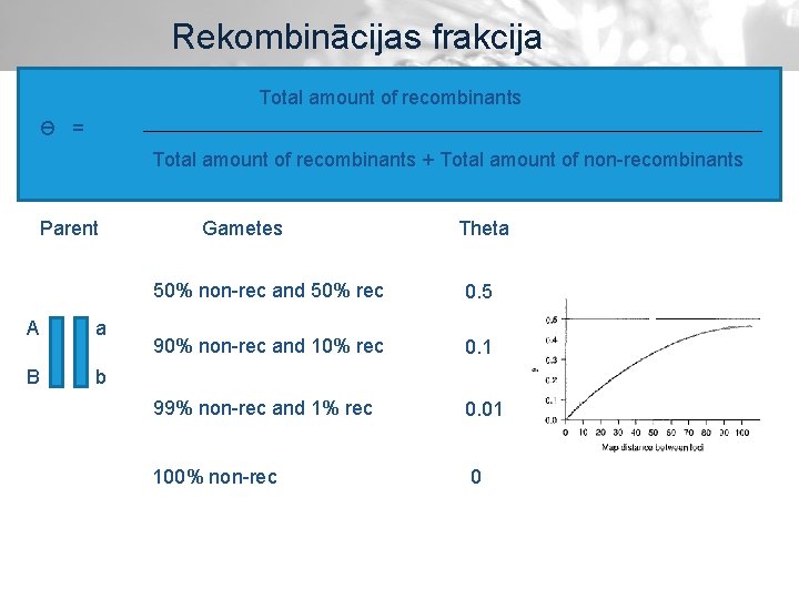 Rekombinācijas frakcija Total amount of recombinants Ɵ = Total amount of recombinants + Total