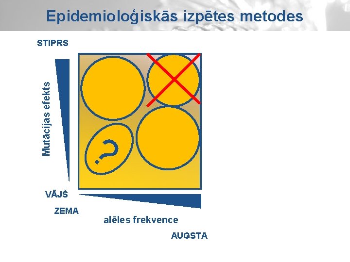 Epidemioloģiskās izpētes metodes Mutācijas efekts STIPRS ? VĀJŠ ZEMA alēles frekvence AUGSTA 