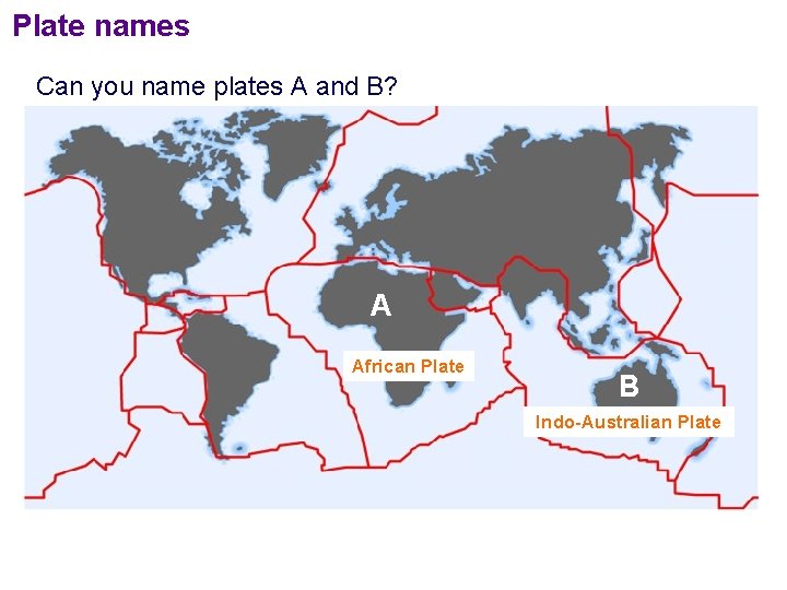 Plate names Can you name plates A and B? A African Plate B Indo-Australian