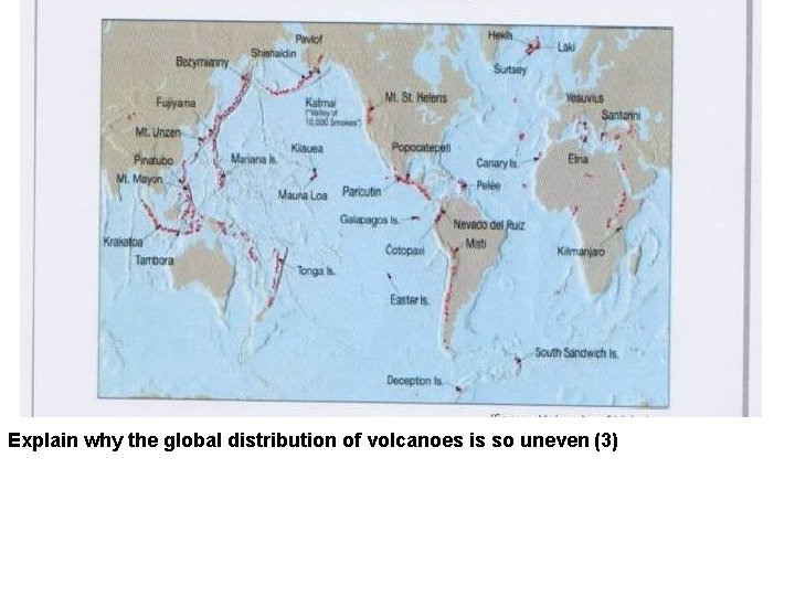 Explain why the global distribution of volcanoes is so uneven (3) 