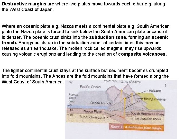 Destructive margins are where two plates move towards each other e. g. along the