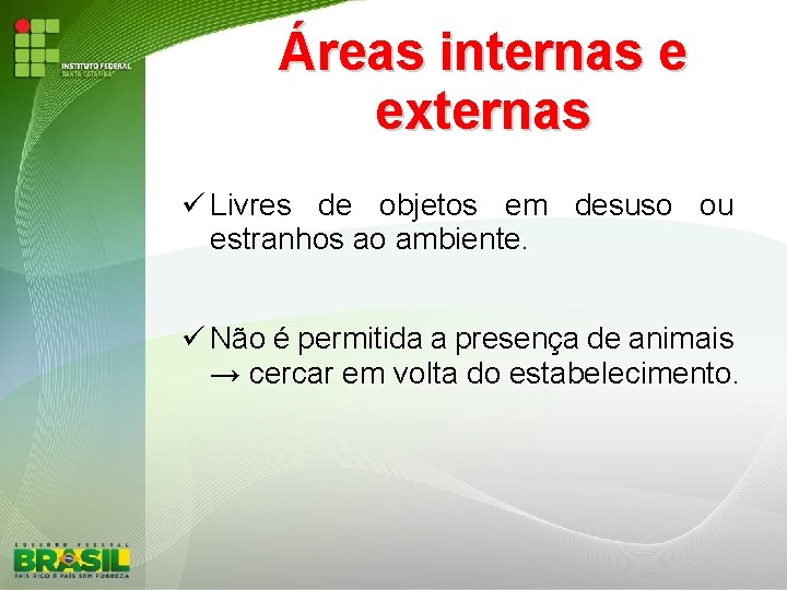 Áreas internas e externas Livres de objetos em desuso ou estranhos ao ambiente. Não