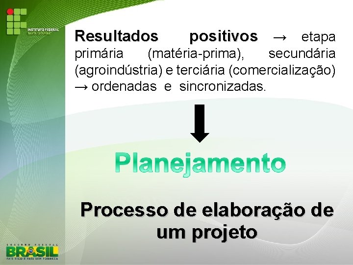 Resultados positivos → etapa primária (matéria-prima), secundária (agroindústria) e terciária (comercialização) → ordenadas e