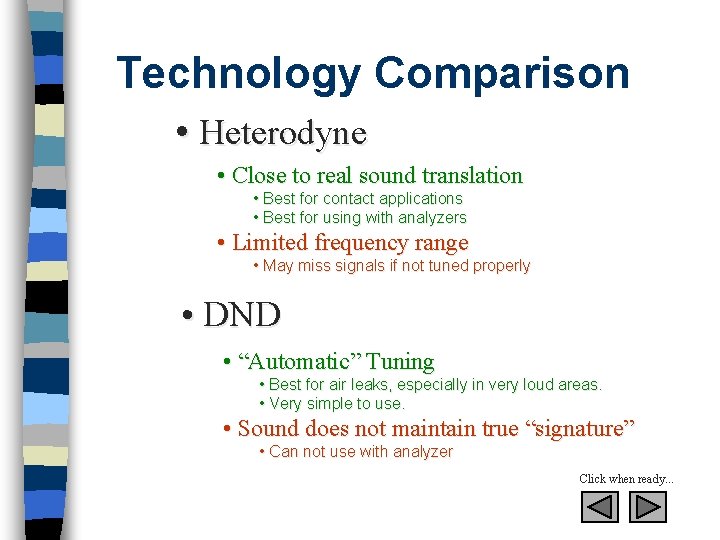 Technology Comparison • Heterodyne • Close to real sound translation • Best for contact