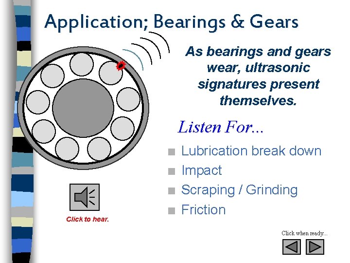 Application; Bearings & Gears As bearings and gears wear, ultrasonic signatures present themselves. Listen