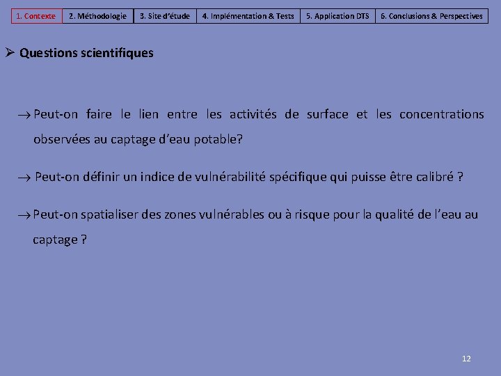 1. Contexte 2. Méthodologie 3. Site d’étude 4. Implémentation & Tests 5. Application DTS