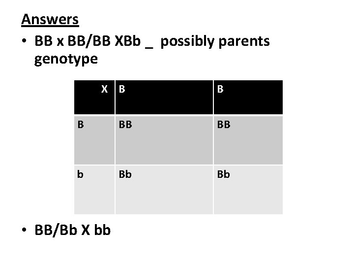Answers • BB x BB/BB XBb _ possibly parents genotype X B BB BB