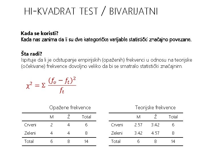 HI-KVADRAT TEST / BIVARIJATNI Kada se koristi? Kada nas zanima da li su dve