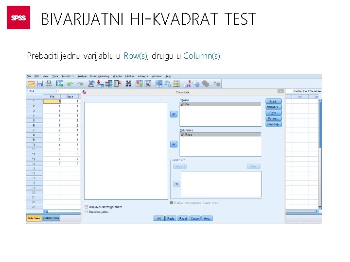 BIVARIJATNI HI-KVADRAT TEST Prebaciti jednu varijablu u Row(s), drugu u Column(s). 