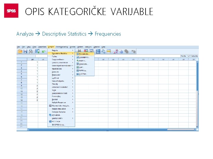 OPIS KATEGORIČKE VARIJABLE Analyze Descriptive Statistics Frequencies 