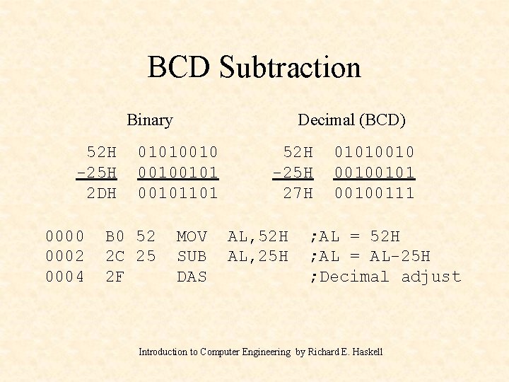 BCD Subtraction Binary 52 H -25 H 2 DH 0000 0002 0004 Decimal (BCD) BCD Subtraction Binary 52 H -25 H 2 DH 0000 0002 0004 Decimal (BCD)