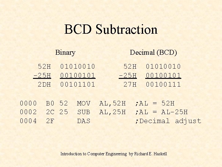 BCD Subtraction Binary 52 H -25 H 2 DH 0000 0002 0004 Decimal (BCD)