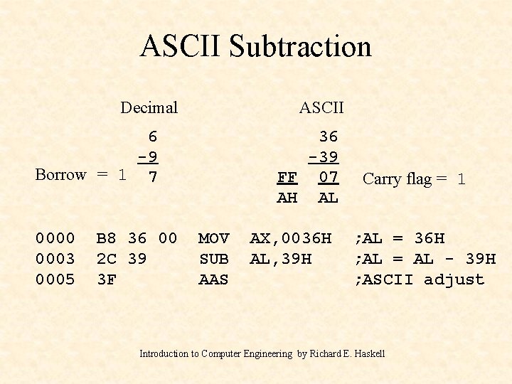ASCII Subtraction Decimal ASCII 6 -9 Borrow = 1 7 0000 0003 0005 B ASCII Subtraction Decimal ASCII 6 -9 Borrow = 1 7 0000 0003 0005 B