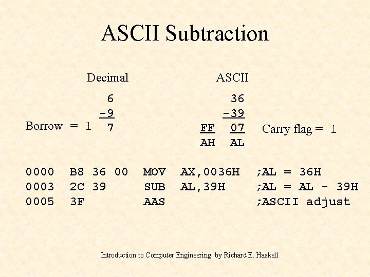 ASCII Subtraction Decimal ASCII 6 -9 Borrow = 1 7 0000 0003 0005 B