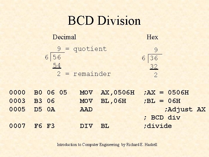 BCD Division Decimal Hex 9 = quotient 6 56 54 2 = remainder 0000