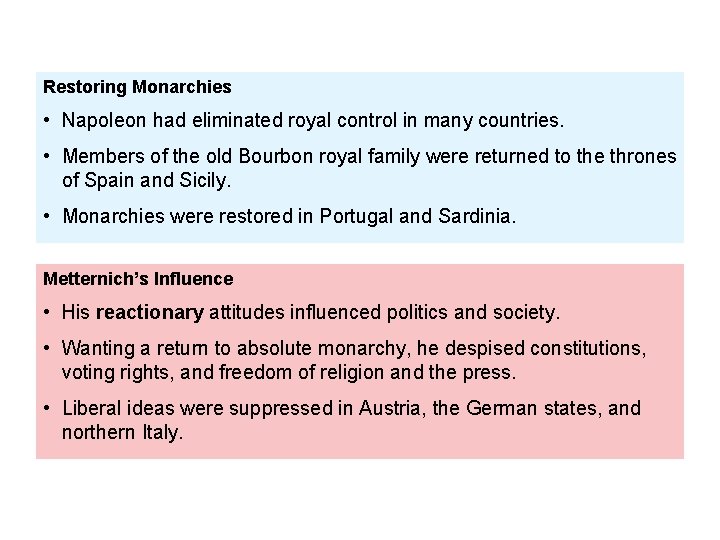 Restoring Monarchies • Napoleon had eliminated royal control in many countries. • Members of