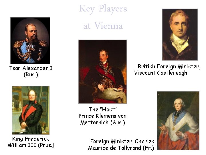 Key Players at Vienna British Foreign Minister, Viscount Castlereagh (Br. ) Tsar Alexander I