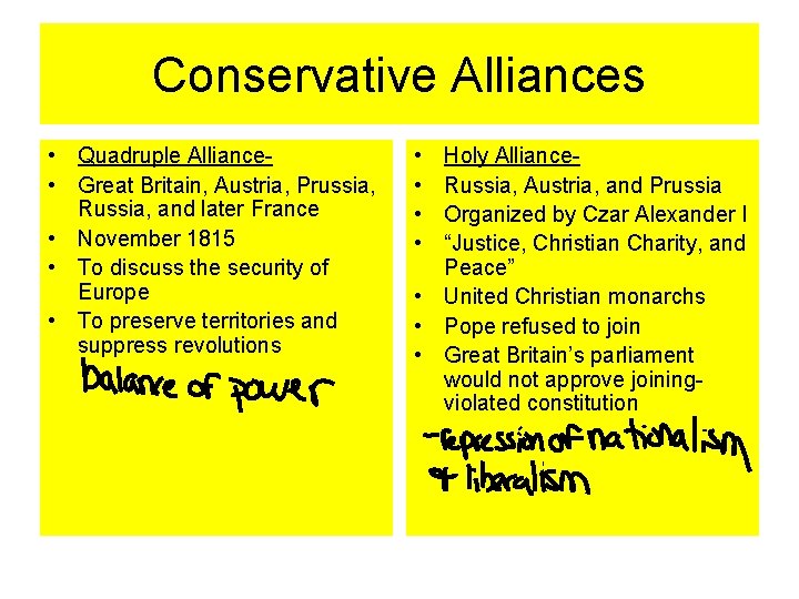 Conservative Alliances • Quadruple Alliance • Great Britain, Austria, Prussia, Russia, and later France