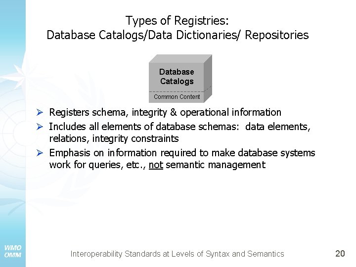 Types of Registries: Database Catalogs/Data Dictionaries/ Repositories Database Catalogs Common Content Ø Registers schema,