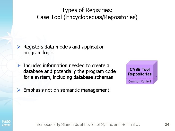 Types of Registries: Case Tool (Encyclopedias/Repositories) Ø Registers data models and application program logic