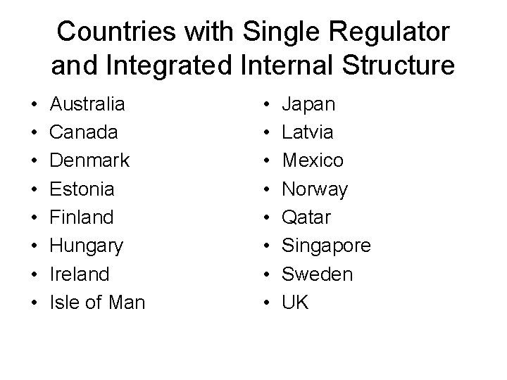 Countries with Single Regulator and Integrated Internal Structure • • Australia Canada Denmark Estonia