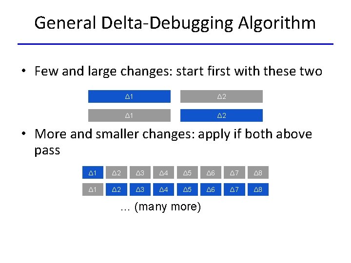 General Delta-Debugging Algorithm • Few and large changes: start first with these two Δ