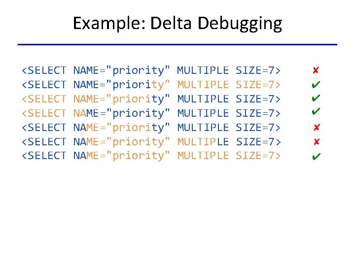 Example: Delta Debugging <SELECT <SELECT NAME="priority" NAME="priority" MULTIPLE MULTIPLE SIZE=7> SIZE=7> 