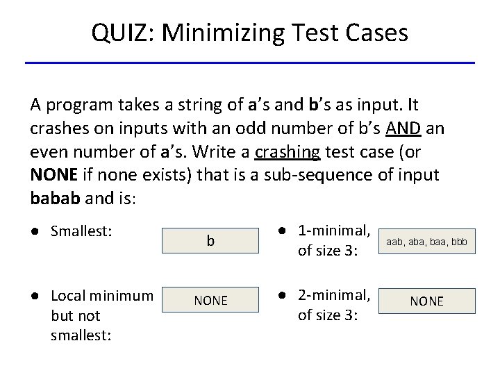 QUIZ: Minimizing Test Cases A program takes a string of a’s and b’s as