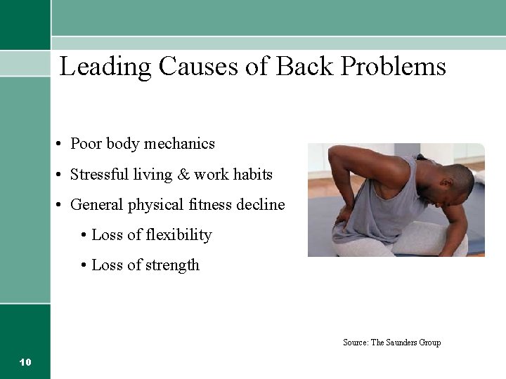 Leading Causes of Back Problems • Poor body mechanics • Stressful living & work