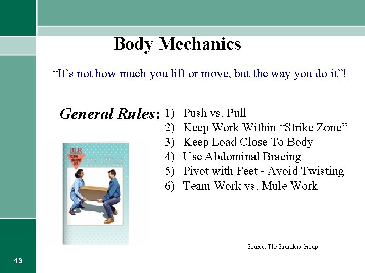 Body Mechanics “It’s not how much you lift or move, but the way you