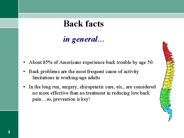 Back facts in general… • About 85% of Americans experience back trouble by age
