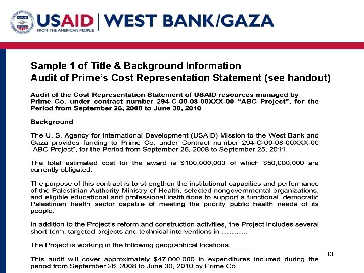 Sample 1 of Title & Background Information Audit of Prime’s Cost Representation Statement (see