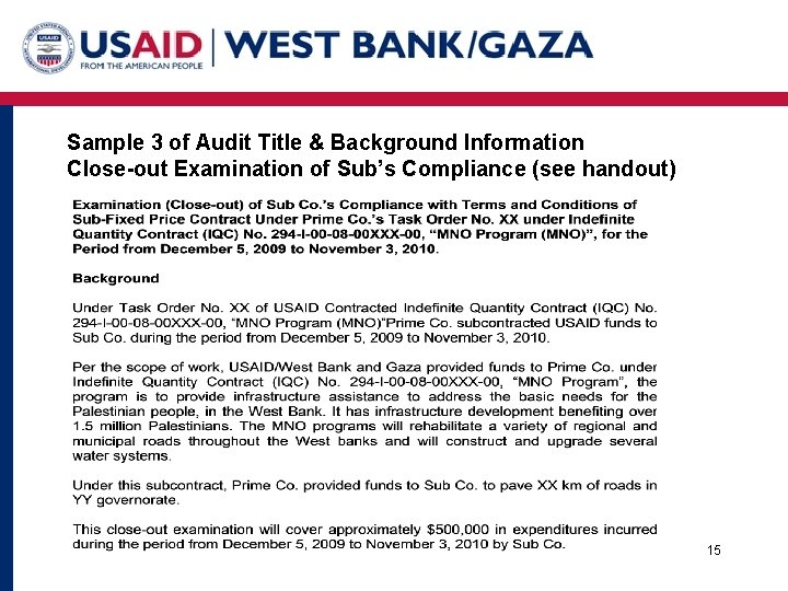 Sample 3 of Audit Title & Background Information Close-out Examination of Sub’s Compliance (see