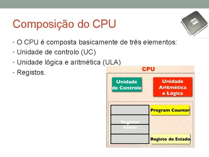 Composição do CPU • O CPU é composta basicamente de três elementos: • Unidade