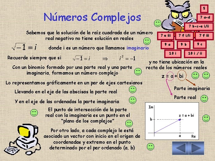 5 Números Complejos 7 a-d 7 b-c-e i/ii Sabemos que la solución de la