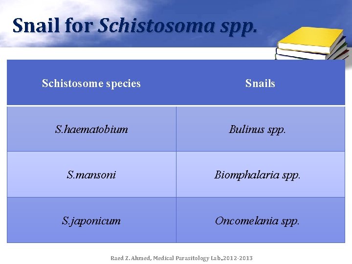 Snail for Schistosoma spp. Schistosome species Snails S. haematobium Bulinus spp. S. mansoni Biomphalaria