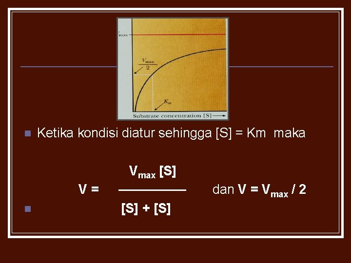 n Ketika kondisi diatur sehingga [S] = Km maka Vmax [S] V= n dan