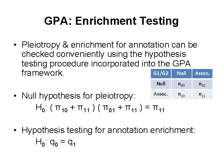 GPA: Enrichment Testing • Pleiotropy & enrichment for annotation can be checked conveniently using