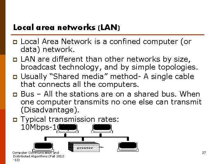 Local area networks (LAN) p p p Local Area Network is a confined computer