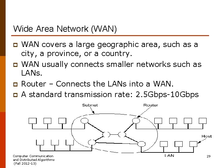 Wide Area Network (WAN) p p WAN covers a large geographic area, such as