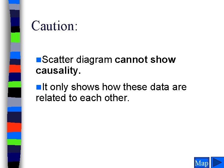 Caution: n. Scatter diagram cannot show causality. n. It only shows how these data