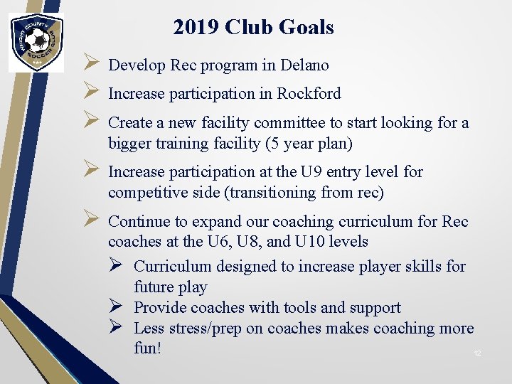 2019 Club Goals Ø Develop Rec program in Delano Ø Increase participation in Rockford