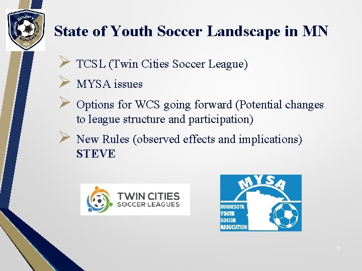 State of Youth Soccer Landscape in MN Ø TCSL (Twin Cities Soccer League) Ø
