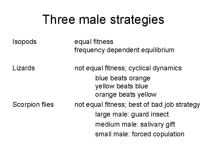 Three male strategies Isopods equal fitness frequency dependent equilibrium Lizards not equal fitness; cyclical
