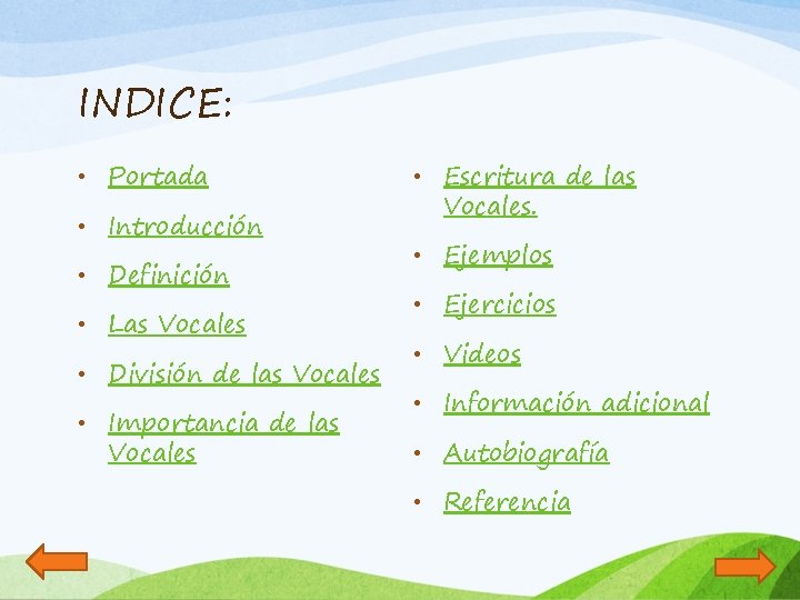 INDICE: • Portada • Introducción • Definición • Las Vocales • División de las