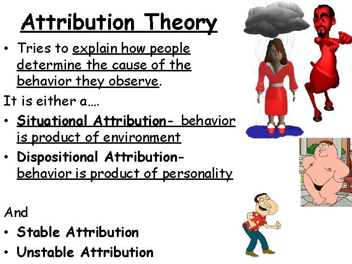 Attribution Theory • Tries to explain how people determine the cause of the behavior