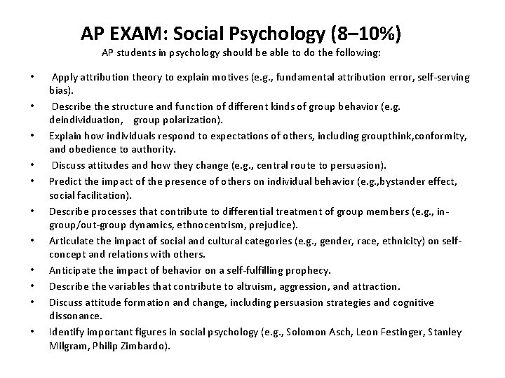 AP EXAM: Social Psychology (8– 10%) AP students in psychology should be able to