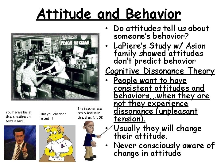 Attitude and Behavior You have a belief that cheating on tests is bad. But