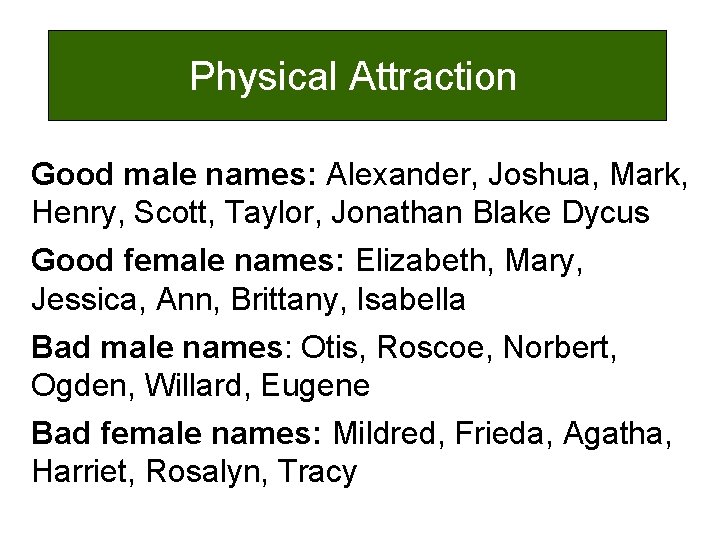 Physical Attraction Good male names: Alexander, Joshua, Mark, Henry, Scott, Taylor, Jonathan Blake Dycus