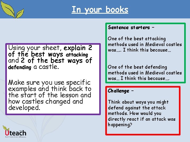 In your books Sentence starters – Using your sheet, explain 2 of the best